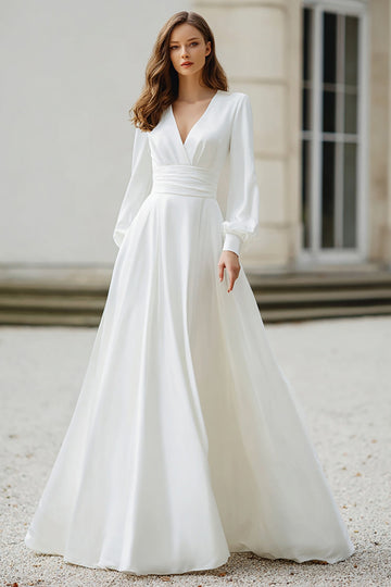 Robe de mariée à manches longues ivoire à col en V une ligne